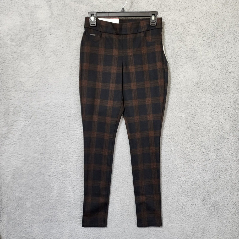 Nine West Heidi‎ Pull On Skinny Ponte Pant Orange Black Plaid Size XS Leggings